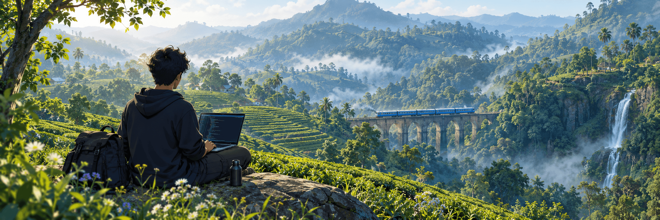 Anime illustration of a developer coding on a hillside above Sri Lankan tea estates, with a blue train crossing the Nine Arch Bridge and a waterfall